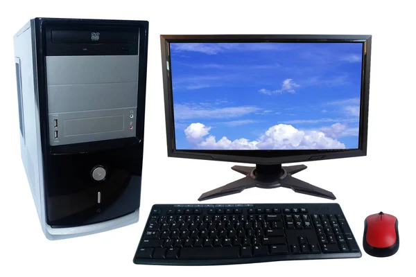 Desktop Monitor Toetsenbord Draadloze Muis Geïsoleerd Witte Achtergrond — Stockfoto