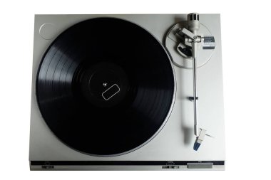 Eski retro vinil plak çalar. Beyaz arka plan, üstten görünüm turntable.