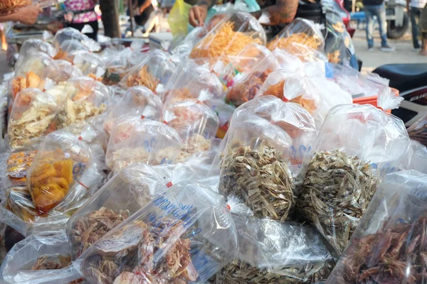 Dried fish and seafood products packaged bag for sale at Seafood local Market in Chonburi, Thailand