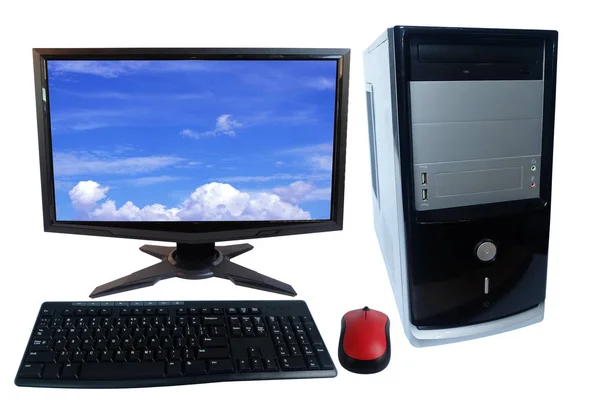 Desktop Computer Monitor Keyboard Wireless Mouse Isolated White Background — Stock Photo, Image