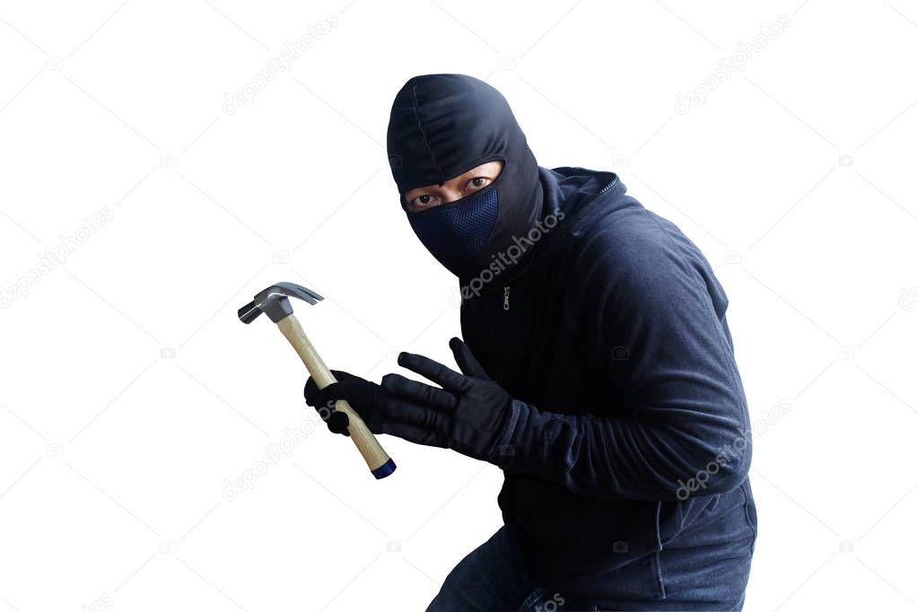 Masked thief with hammer isolated on white background