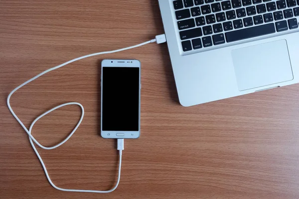 Plug Usb Cord Charger Mobile Phone Laptop Computer Wooden Floor — Stock Photo, Image