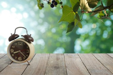 Çalar saat ahşap zemin üzerinde ve dalları ve yaprakları yeşil bokeh arka plan kopya alanı, sabah uyandırma ile yeni gün konsepti için doğanın parlak hava