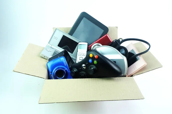 Paper Box Damaged Old Used Electronics Gadgets Daily Use White — Stock Photo, Image