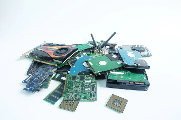 Pile Computer Hardware Part Electronic Waste Isolated White Background Stock Photo