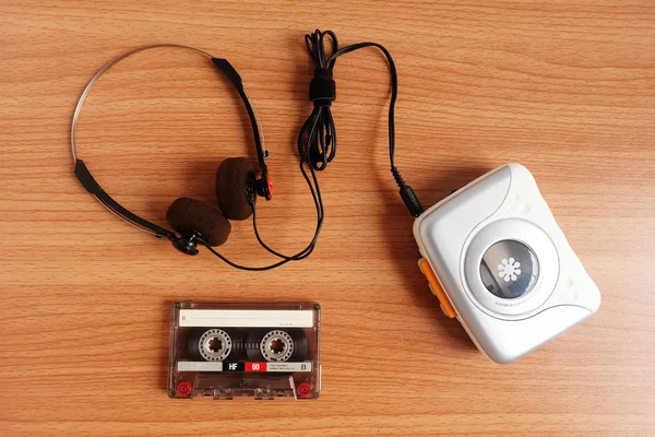 Old Portable Cassette Tape Player Headphones Wooden Floor — Stock Photo, Image