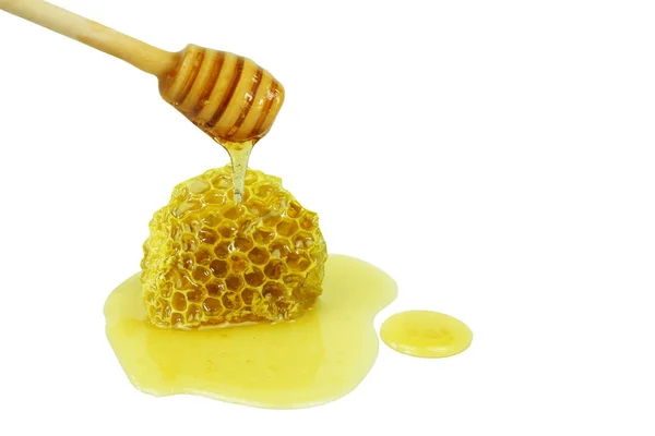 Honey Dripping Wooden Dipper Pouring Honeycomb Isolated White Background Concept — Stock Photo, Image
