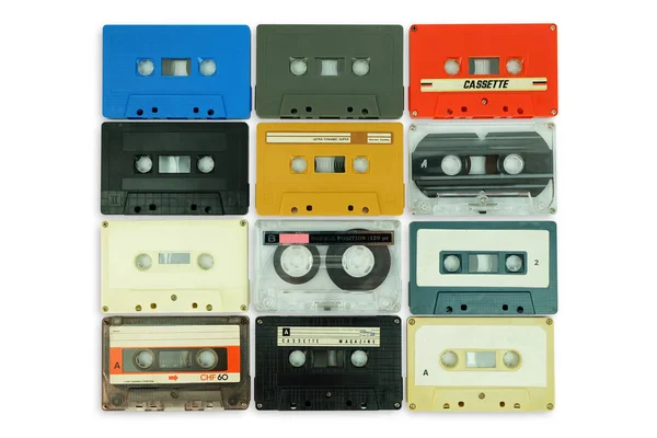 Collection Colorful Old Audio Cassette Tape Isolated White Background — Stock Photo, Image