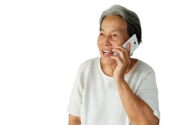 Portret Van Ouderen Aziatische Vrouw Zijn Met Behulp Van Mobiele — Stockfoto