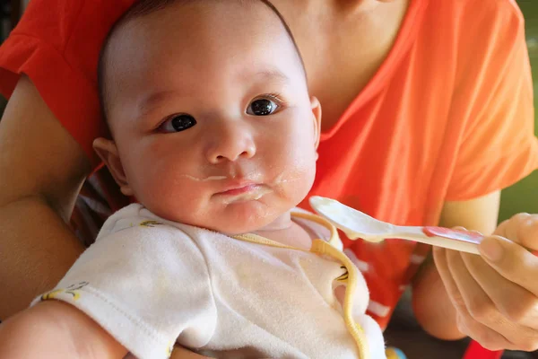 Bonito Menino Asiático Bebê Recém Nascido Comendo Glutão Pela Mãe — Fotografia de Stock