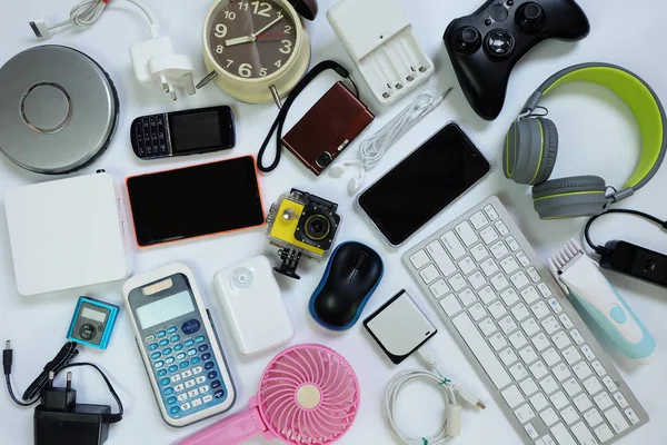 Many Used Modern Electronic Gadgets Daily Use White Floor Reuse — Stock Photo, Image