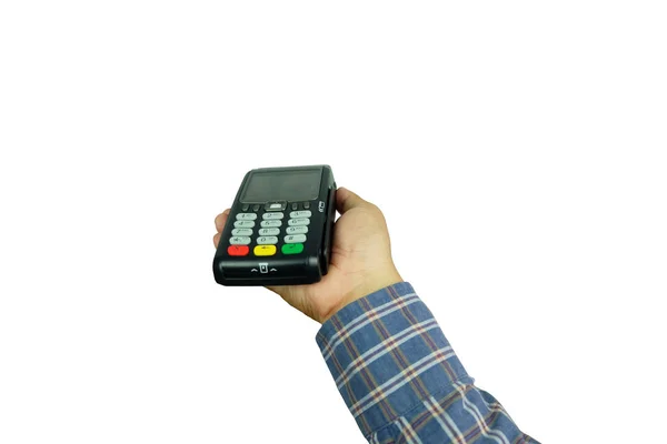 Hand Van Business Man Houdt Pos Terminal Credit Card Machine — Stockfoto