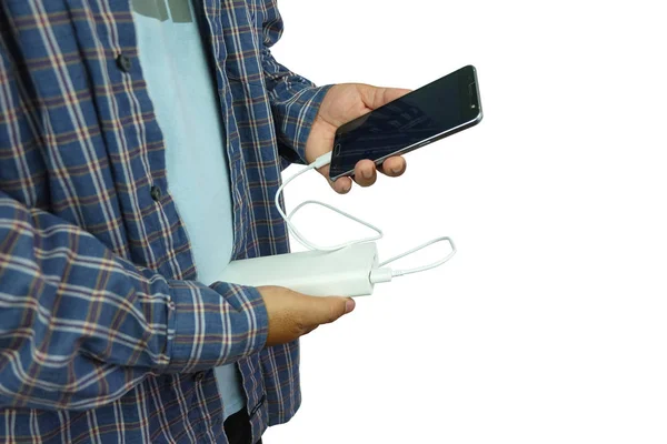 Man Holding Smartphone Charging Backup Battery Power Bank Isolated White — Stock Photo, Image