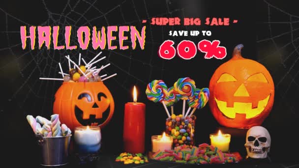 Fröhlicher Halloween Trick Oder Süßigkeiten Mit Halloween Dekorationen Behandeln — Stockvideo