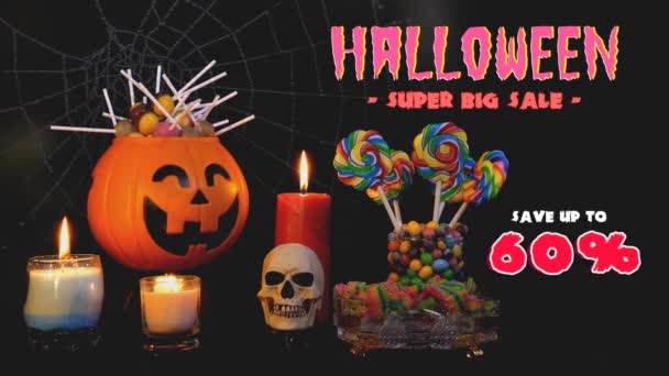 Halloween Pumpa Lampor Med Godis Bakgrund Samling — Stockvideo