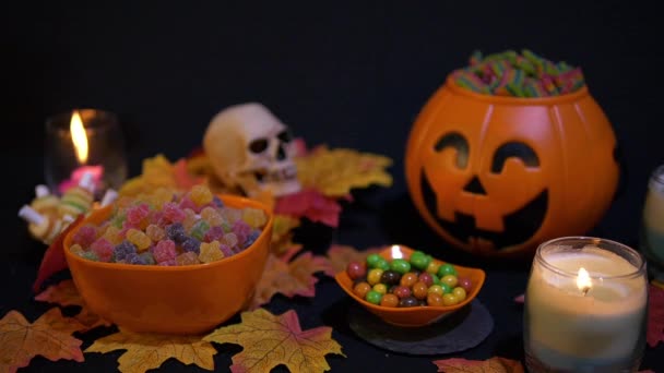 Halloween Met Snoep Beeldmateriaal Zwarte Achtergrond Collectie — Stockvideo