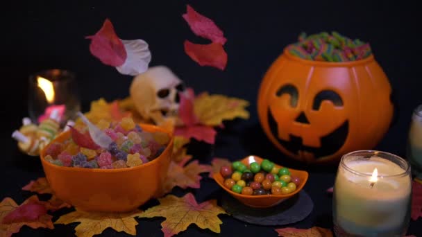 Halloween Met Snoep Beeldmateriaal Zwarte Achtergrond Collectie — Stockvideo