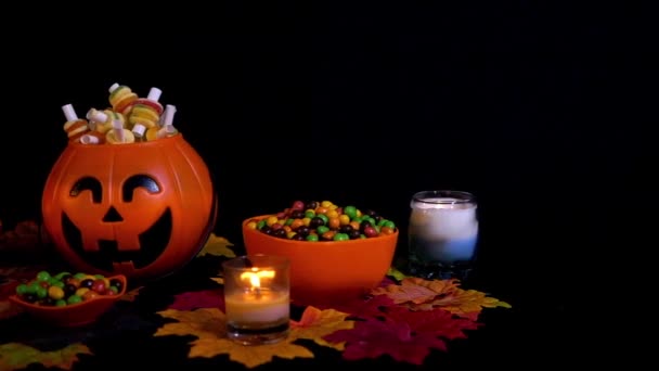 Doces Halloween Animado Feriado Coleção Fundo Preto — Vídeo de Stock