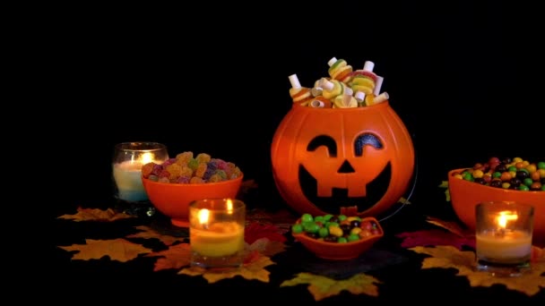 Candy Animerade Halloween Semester Svart Bakgrund Samling — Stockvideo