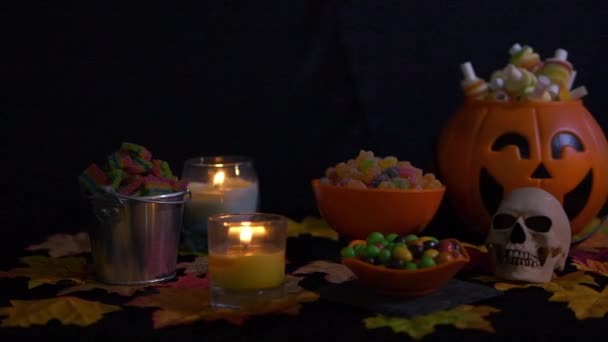 Doces Halloween Animado Feriado Coleção Fundo Preto — Vídeo de Stock