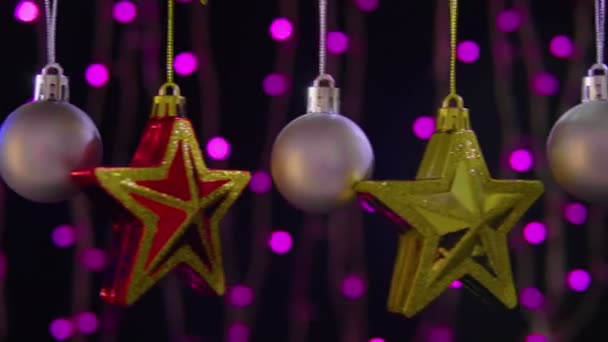 Decoratie Zilver Ballen Beelden Van Sterren Kerstcollecte — Stockvideo
