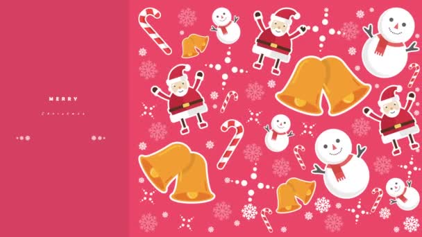Bilder Snögubbe Santa Clause Klockor Och Polkagrisar För Merry Christmas — Stockvideo