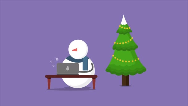 Animationsfigur Schneemann Bewegt Sich Mit Baumchistmas Sammlung — Stockvideo