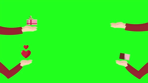 Анімація Рук Приносить Подарунок Шоколад Конверт Серце Зеленим Екраном День — стокове відео