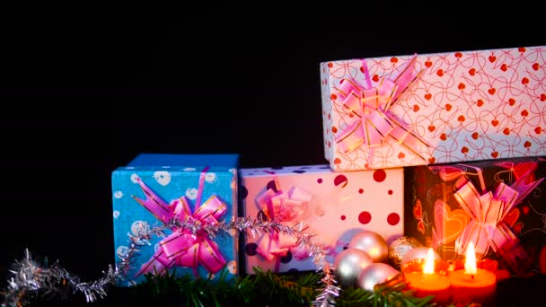 Filmagem Movimento Chirstmas Ornamento Com Caixas Presente Coleção Natal — Vídeo de Stock