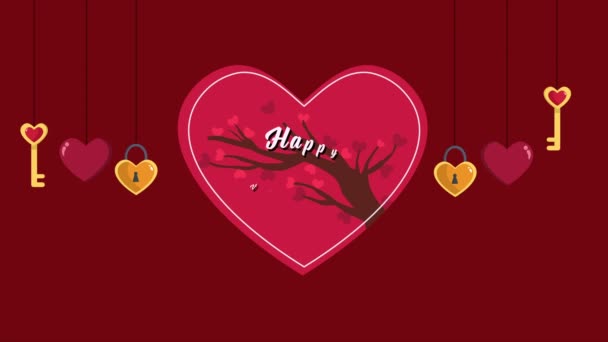 动画的关键心脏与爱树为情人节问候汇集 — 图库视频影像