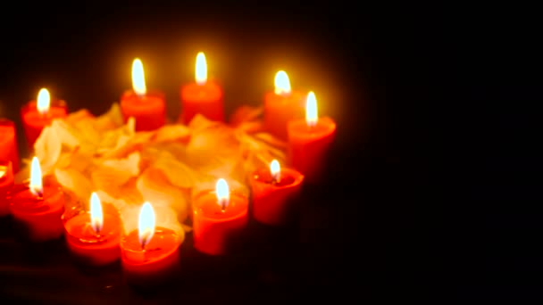 발렌타인 컬렉션에 불타는 촛불으로 꽃잎의 — 비디오