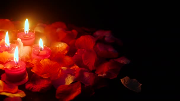 花花瓣镜头为情人节与蜡烛燃烧的收藏 — 图库视频影像