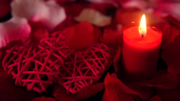 Valentine Day Footage Decoration Heart Candle Burning Rose Petals Collection — Stock Video