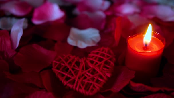 Happy Valentine Day Dengan Lilin Terbakar Dan Koleksi Kelopak Mawar — Stok Video