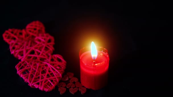 Happy Valentine Day Footage Decoration Candle Burning Wooden Love Collection — Stock Video