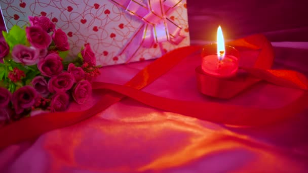 Footage Flower Bouquet Gift Candle Burning Ribbon Decoration Valentine Collection — Stock Video