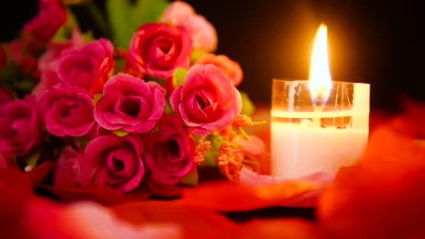 Decoration Valentine Day Flower Bouquet Candle Burning Footage Collection — Stock Video