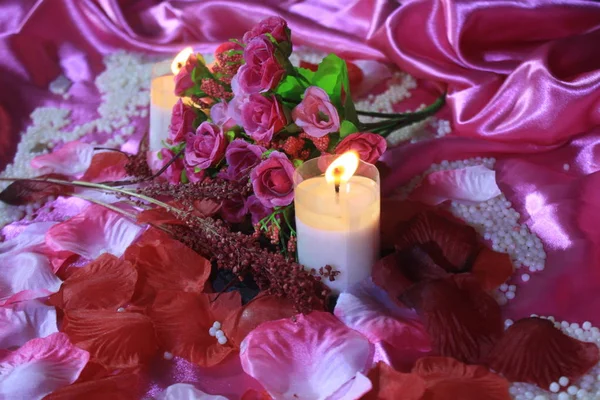 Dia Dos Namorados Romântico Com Photoshoot Buquê Coleção Queima Velas — Fotografia de Stock