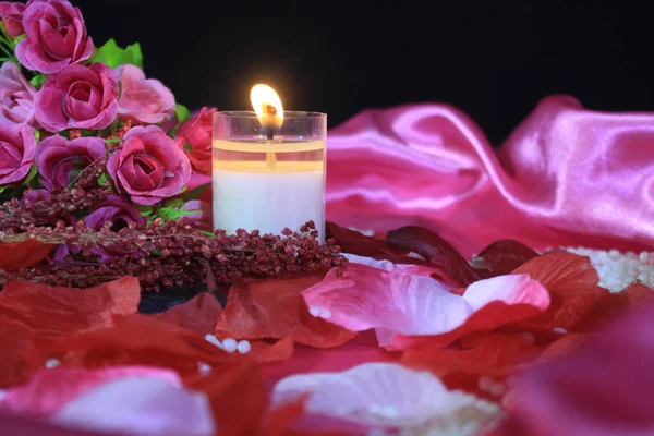 Valentine Day Decoration Bouquet Flower Candle Burning Photoshoot Valentine Collection — Stock Photo, Image