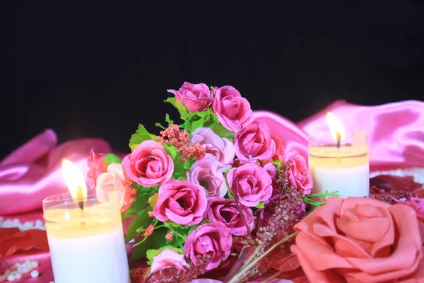 Photoshoot Beautiful Bouquet Roses Candle Burning Background Valentine Day Collection — Stock Photo, Image