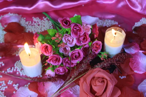 Fotoshoot Van Boeket Kaars Bunring Decoratie Valentine Dag Collectie — Stockfoto