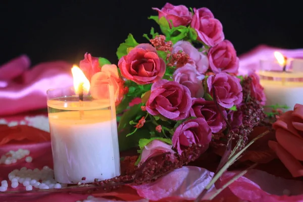 Photoshoot Romantic Moment Valentine Day Decoration Bouquet Candle Burning Collection — Stockfoto