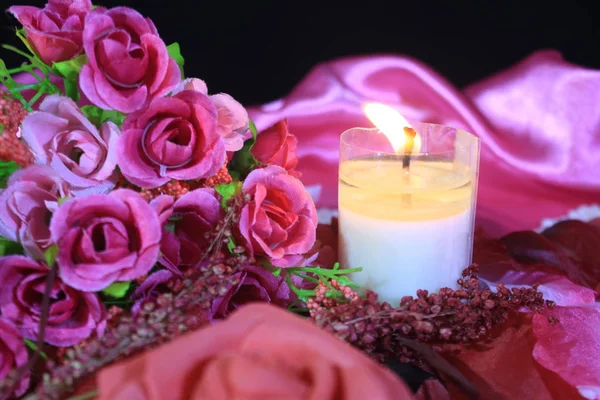 Photoshoot Romantic Moment Valentine Day Decoration Bouquet Candle Burning Collection — Stockfoto