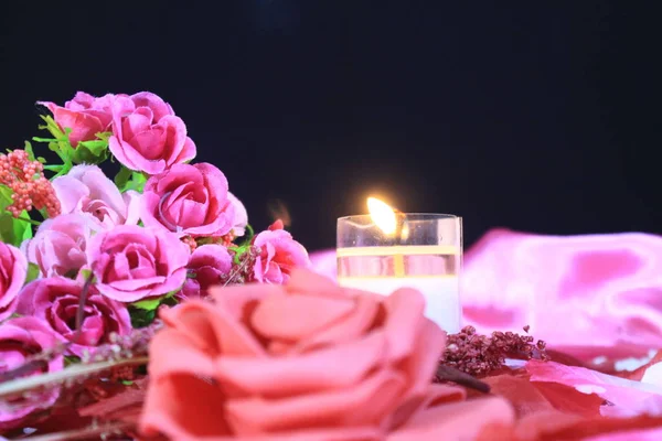 Dating Valentine Day Decoration Flower Rose Candle Burning Collection — Stock Photo, Image