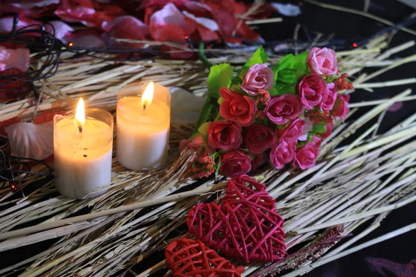 Photoshoot Dekoracja Valentine Kwiatów Lampa Świecy Kolekcji — Zdjęcie stockowe