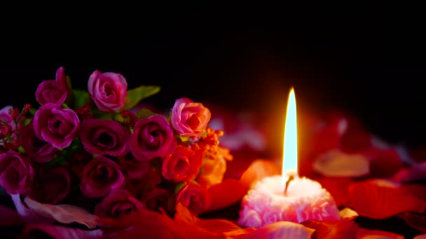 Sprikles Rose Petals Bouquet Candle Burning Footage Decoration Valentine Day — Stock Video