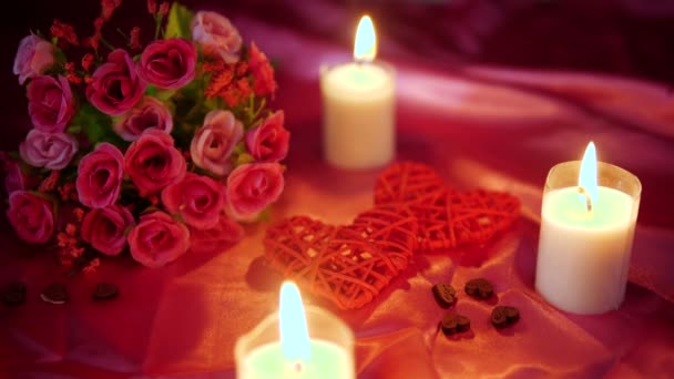 Dating Valentine Day Decoration Flower Candle Burning Footage Collection — Stock Video