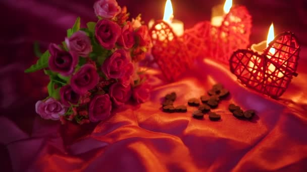 Fiesta San Valentín Con Decoración Vela Quema Colección Imágenes Flores — Vídeo de stock