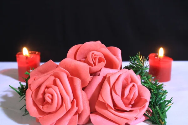 Fotoshooting Der Dekoration Blume Und Kerze Brennen Für Valentinstag Kollektion — Stockfoto