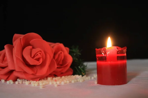 Saludo Día San Valentín Con Colección Flores Velas Sesión Fotos —  Fotos de Stock